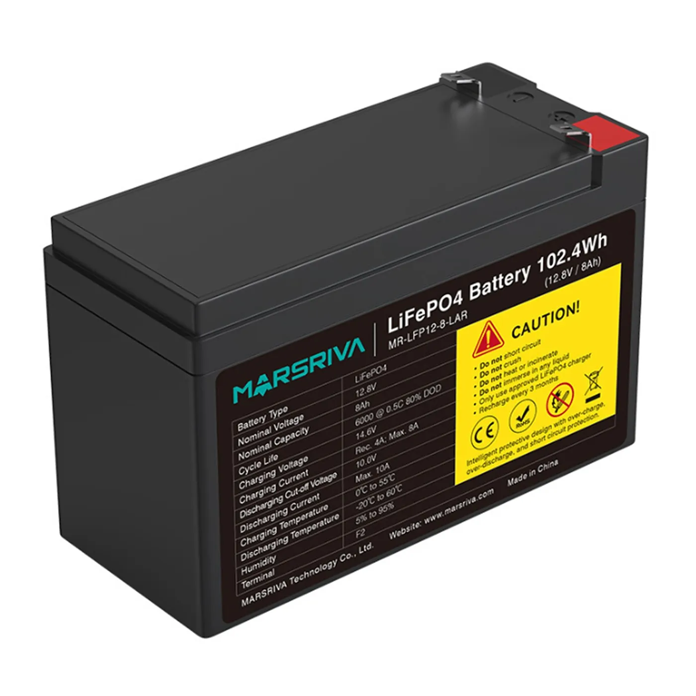 [070923] [MR-LFP12-8-LAR] Marsriva - Batería de Litio de Reemplazo de Plomo-Ácido 12.8V 8Ah (102.4Wh / 12.8V / 8Ah)