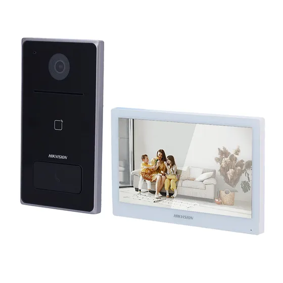 [090287] [DS-KIS608-P] Hikvision - Kit de Videoportero IP Frente de Calle para Exterior [2MP] Lector de Tarjeta MiFARE Monitor Interior WiFi Pantalla de 7" Touch