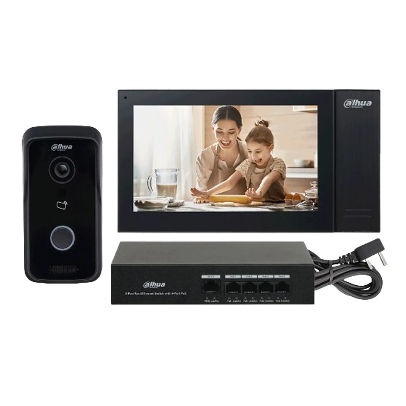 [090338] [DHI-KTP02] Dahua - Kit de Videoportero IP con Monitor Táctil de 7" Frente de Calle con Apertura remota y Tarjetas Mifare (IC Card) Incluye Switch PoE de 4 Puertos 10/100