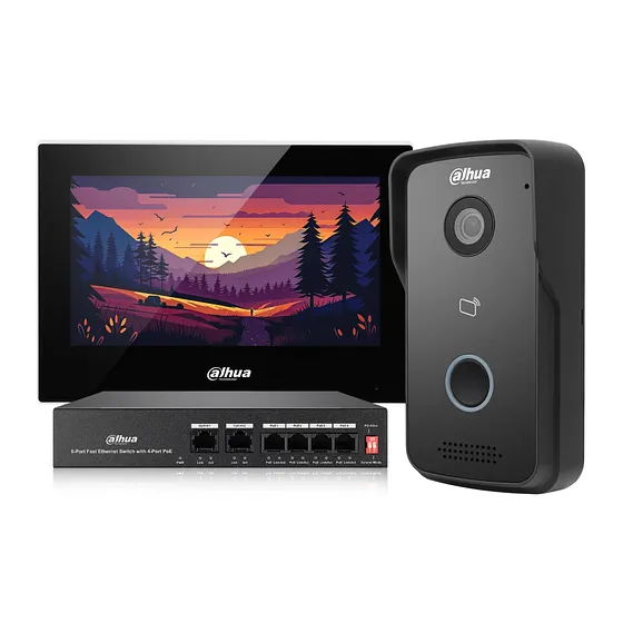 [090516] [DHI-KTP03] Dahua - Kit de Videoportero con Puerto PoE IP Monitor de 7" Frente de Calle con Camara de [2Mp] Apertura de Puerta Soporta hasta 10.000 Tarjetas (IC Mifare) [Incluye 1 x DHI-VTO2111D-P-S3 1 x DHI-VTH2621G-P 1 x DH-PFS3006-4ET-36]