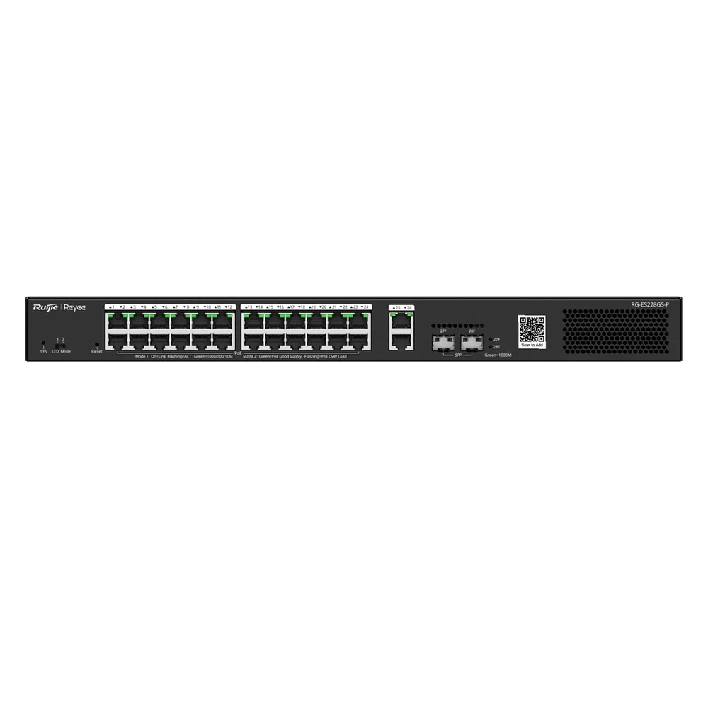 [RG-ES228GS-P] Ruijie Reyee SMB - Switch Smart PoE con 24 Puertos Gigabit PoE 802.3af/at + 2 SFP para Fibra 1Gb 370W Administración Remota Gratuita en la Nube